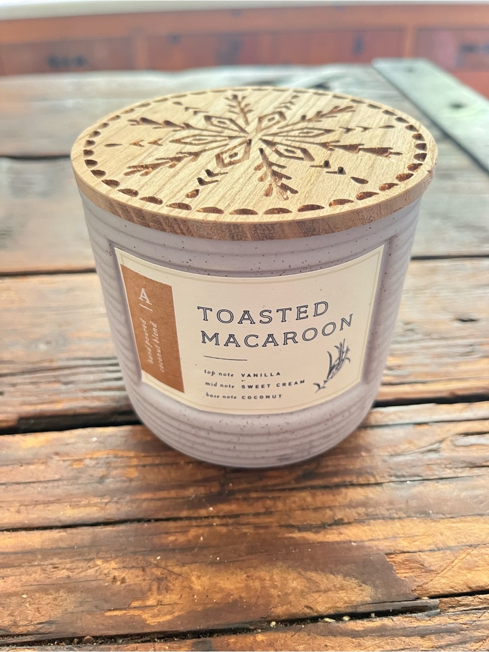 Anthropologie Toasted Macaroon Scented Candle - Lilac Ceramic Color, Wood Lid.